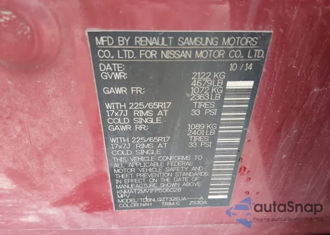 2015 Nissan Rogue Sv from USA, damaged, VIN KNMAT2MV1FP506028